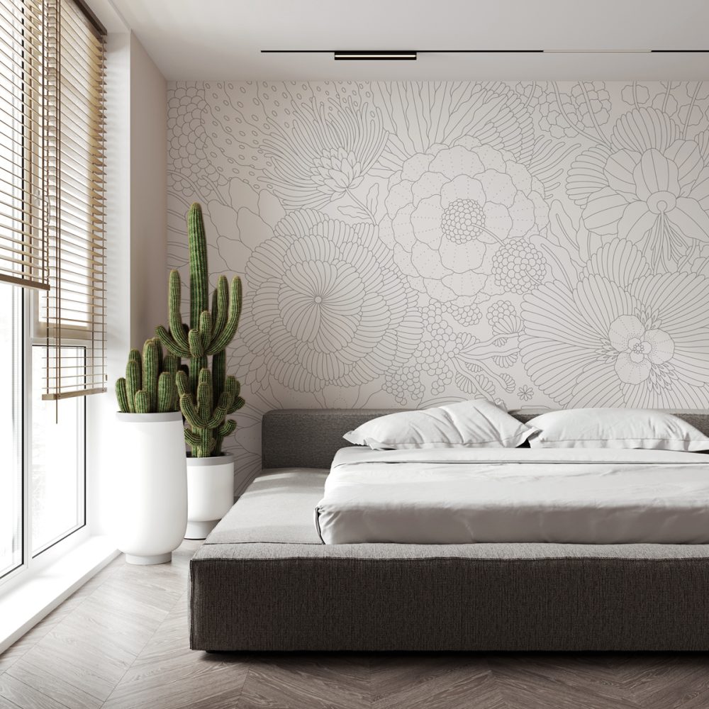 Stylish interior mockup with white cozy bed, plant and decor in bedroom, 3d rendering