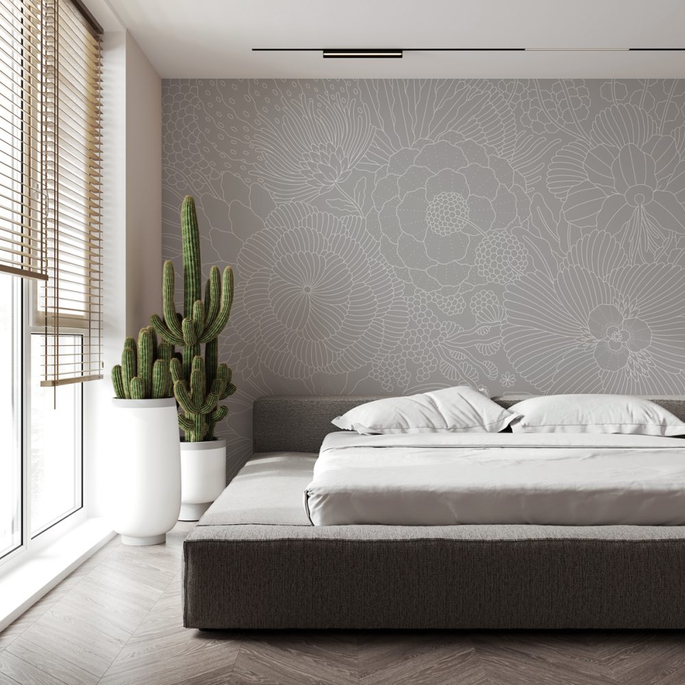 Stylish interior mockup with white cozy bed, plant and decor in bedroom, 3d rendering